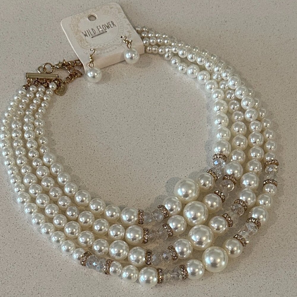 WILD FLOWER 4 Strand Fashion Faux Pearl Necklace & Earrings